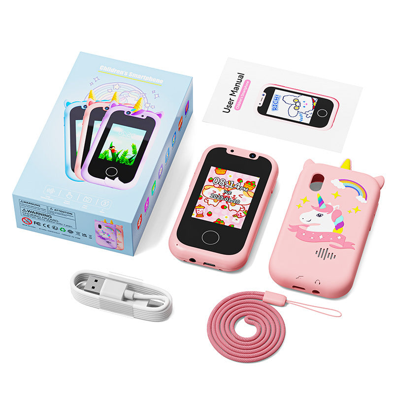 Pink children's toy phone with accessories and packaging on a white background
