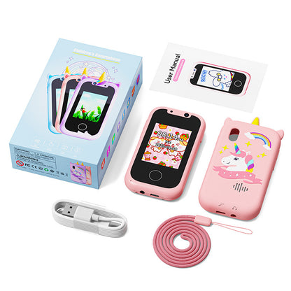 Pink children's toy phone with accessories and packaging on a white background